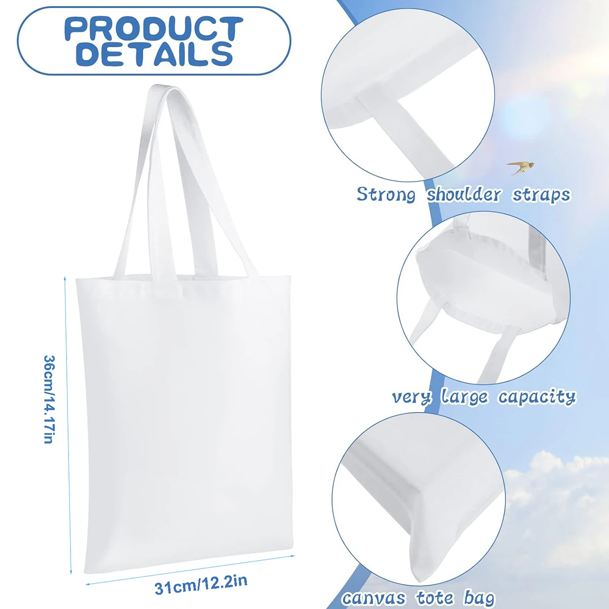 6pcs White Canvas Tote Bags, S - Tote Bag Sublimation ulasan dan harga